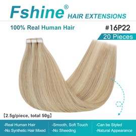 Fshine Real Hair Tape-In Extensions, 35 cm, 50 g, Colour 16 Golden Blonde Highlight 22 Light Blonde, 20 Pieces, Tape In Double Sides Real Hair Invisible Extensions
