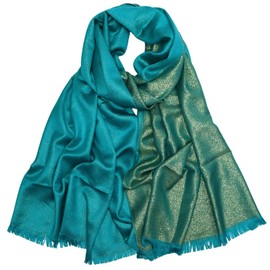 Gragengs Sparks Metallic Pashmina Scarves and Stole for Women, Long Party Scarves Uniform Colour, Two Tones, Teal/Gold