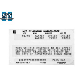 Calcomanía de puerta GM VIN 1984 pegatina fecha y VIN impresa Z28 SS 442 Corvette Regal