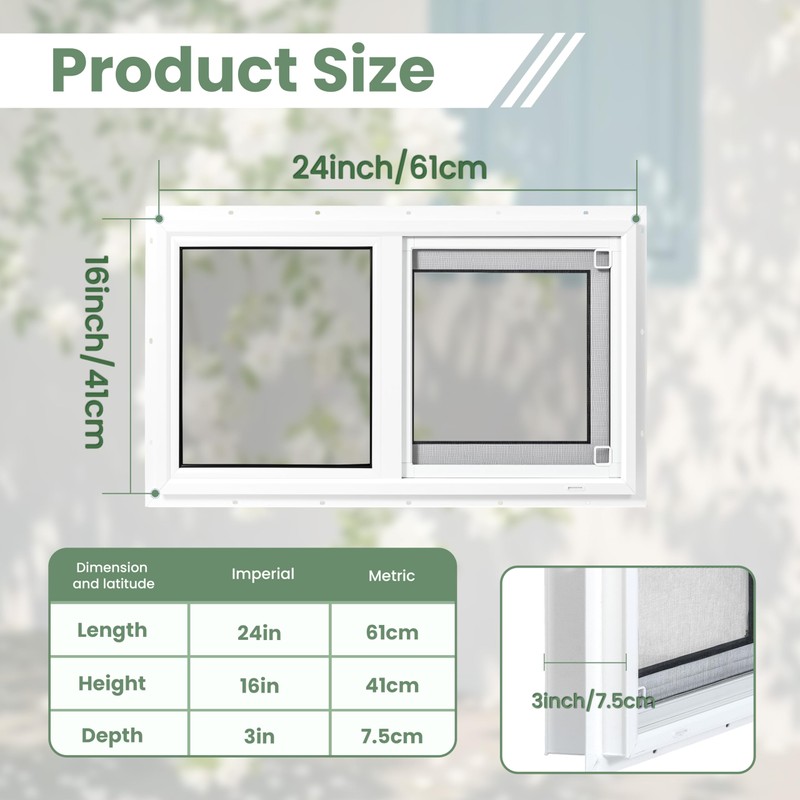 NOTASA Vinyl Basement Window, Bathroom Sliding Window 24" x 16"