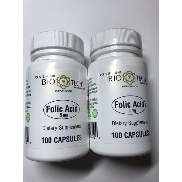 Folic Acid 5mg - BioTech Pharmacal - 100 Capsules - Pack of 2