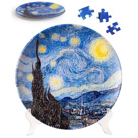 PieceRelax PL1002 124 Piece Decorative Plate Puzzle [Gogh_Starry Night] (9.1 x 9.1 inches (23 x 23 cm), Plastic Jigsaw Puzzle, Wall Hanging Set & Dish Stand Included