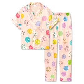 Beezizac Pajama for Girls Satin Silky Short Sleeve & Pants Set Faces Peach Comfy Soft Kid Sleepover PJS 2-Piece Size 12