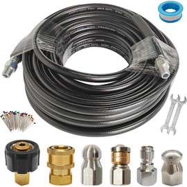 GoooodMore 50FT Sewer Jetter Kit for Pressure Washer,5800PSI Drain Cleaner Hose 1/4 Inch NPT,Rotating and Button Hose Sewer Jetting Nozzle,Quick Connect Plug,Drain Jetter for Pressure Washer
