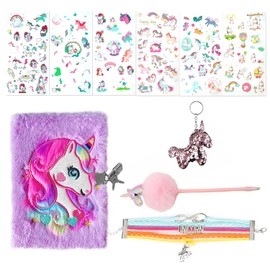 MEMOFYND 1 Satz Regenbogenpferd-Set, lila Notizbuch mit Schloss, bunt gewebtes Armband, Paillettenanhänger, Pom-Pom-Gelstift, Aufkleber, Tagebuch, Geburtstagsgeschenk für Mädchen