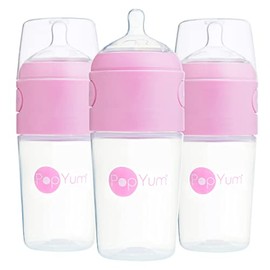 PopYum - Biberón anticólicos para bebé para preparar, mezclar y administrar fórmula, Paquete de 3, 9onzas / 260ml Rosa | Niples de flujo medio #2, 260 ml, sin BPA, cierre natural, dispensador de mezcla