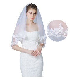 BEAUTELICATE Wedding Bridal Veil Drop Blusher Veil 2 Tier Lace Edge Short Elbow Veil Metal Comb V125 White