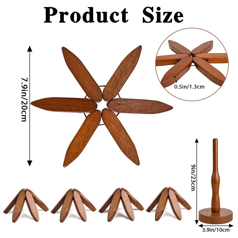 4 Wooden Hot Food Coasters with 1 Stand, Table Insulation