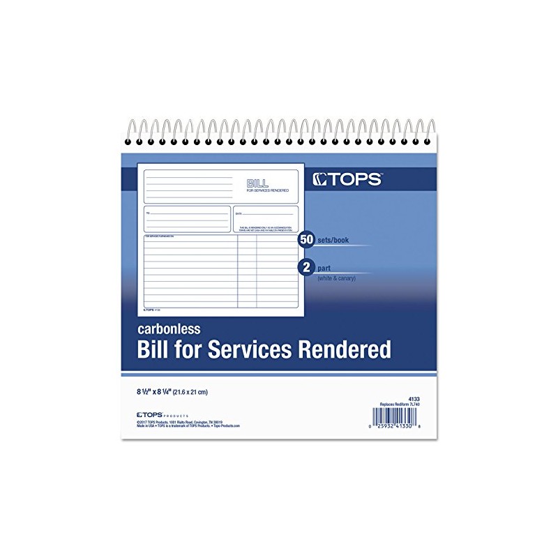 TOPS 2-Part Carbonless Bill for Services Rendered Book, 8.5 x