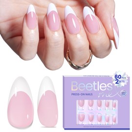 Beetles Press On Nails Almond Medium: 60pcs French Tip Press On Nails in 16 Sizes, White French Tips Pink Fake Nails with Nail Glue, Quick & Easy Nail Salon Manicure Gift for Women Her