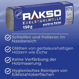 RAKSO Stainless Steel Wool Extra Fine – 300 g, 2 x 150 g Banderoles, Smooths Tannic Acid Wood without Blue Discolouration of the Grain