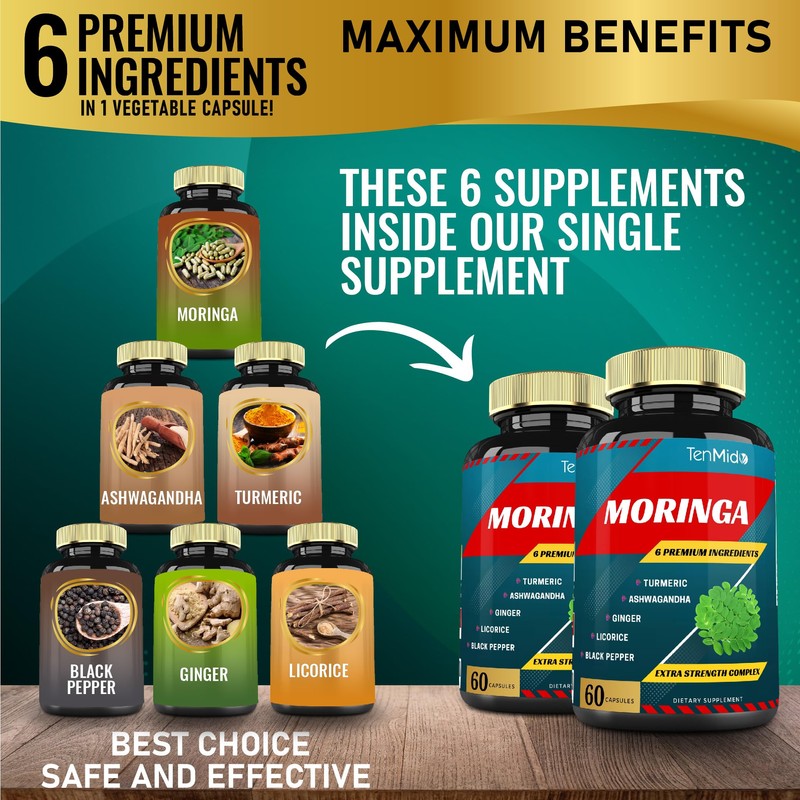 2 Packs Moringa Capsules, 4 Months Supply with Turmeric, Ashwagandha,