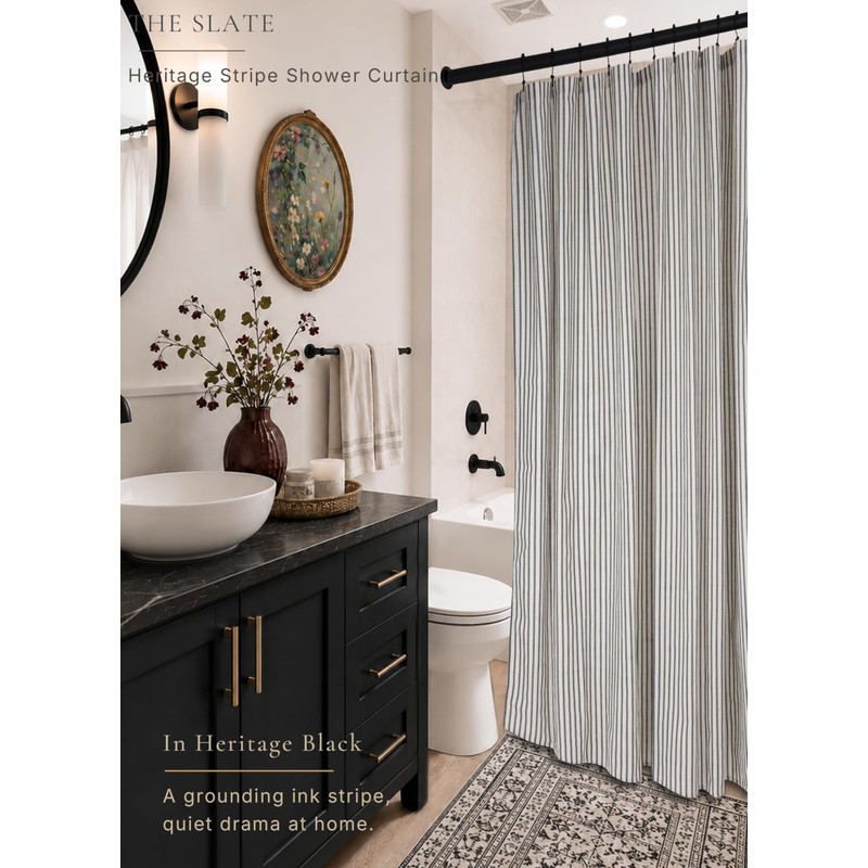 CasaTena Farmhouse Striped Shower Curtain - 72x72 Inches, Linen Blend