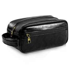 Mens PU Leather Toiletry Bag, Dark Brown Hanging Washbag Waterproof Travel Cosmetics Pouch Essential Toiletries Organizer Shaving Dopp Accessories Kit Bag for Men Fathers Day Birthday Gifts (Black)