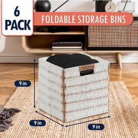 Ornavo Home Wicker Storage Cubes Bin, 9 Inch Storage Shelf Basket Collapsible Natural Hand Woven Paper Storage Cube Bin with Handles - Set of 6, White/Brown