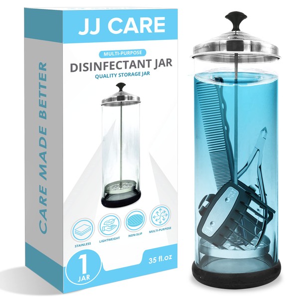 JJ CARE Disinfectant Jar (35 oz) - Barber Jar Glass, Sanitizer Disinfectant Glass Jar, Barber Disinfectant Jar Implement Disinfectant Container w/Stainless Steel Removable Strainer & Cap - Black Lid
