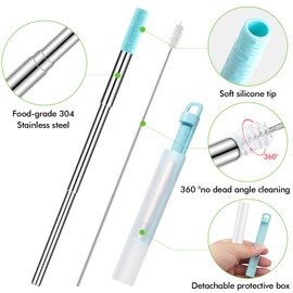 Reusable Straws 3Pack Metal Straw Foldable Portable Drinking Straw Travel Stainless Steel Straws Set with Case and Clean Brush