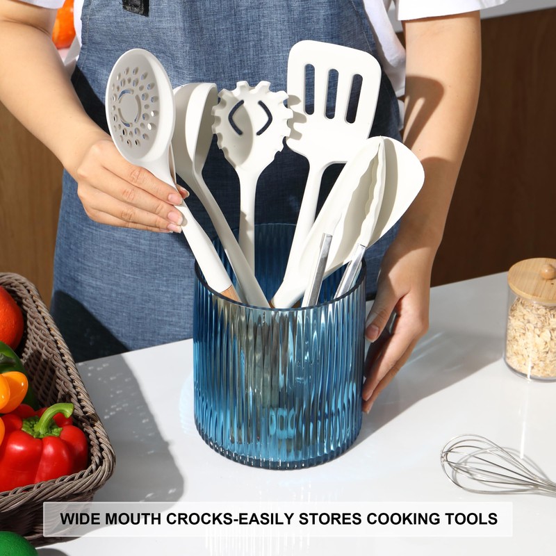 FERAHI Blue Utensil Holder, 6.3" Glass Kitchen Utensil Holder for