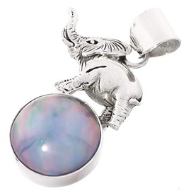 Elephant On Blue Mabe Cultured Pearl 925 Sterling Silver Pendant, 1 3/4"