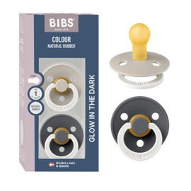 BIBS Colour Glow Pacifiers Pack of 2 BPA Free Glow in the Dark Cherry Shape Nipple Natural Rubber/Latex Made in Denmark Size 1 (0-6 Months) Sand Glow/Iron Glow