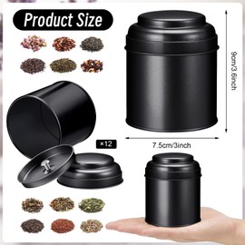 Meanplan 12 Pcs Tea Tin Canister with Airtight Double Lids Round Tin Can Box Small Kitchen Tea Canister Loose Leaf Storage Containers for Loose Bags Coffee Sugar Candy Spices(Black,8 oz)