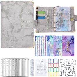 A6 PU Leather Budget Binder A6 Notebook Binder for Budgeting Money Saving Folder Marble Pattern Corner Protector Gray
