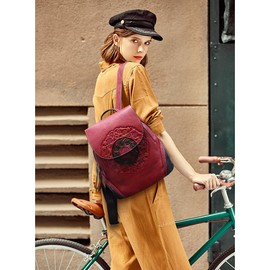 Zhuoliang Small Travel backpack purse for women Genuine Leather Anti Theft Backpack with USB Charging Port Fashion Vintage Embossed Totem Backpacks Red