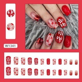 Christmas Press on Nails Short Square Christmas Fake Nails with Red Sequins Heart Design Glossy Christmas Acrylic Nails Reusable Stick On Nails Kit, 24Pcs Christmas Nails for Women