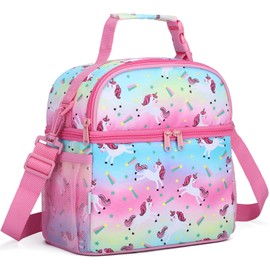 Lunch Box Bag for Kids,VASCHY Insulated Double Compartments 8.5L Large Cooler Lunch Tote Bag for Toddlers Girls School/Daycare/Picnic Rainbow Unicorn