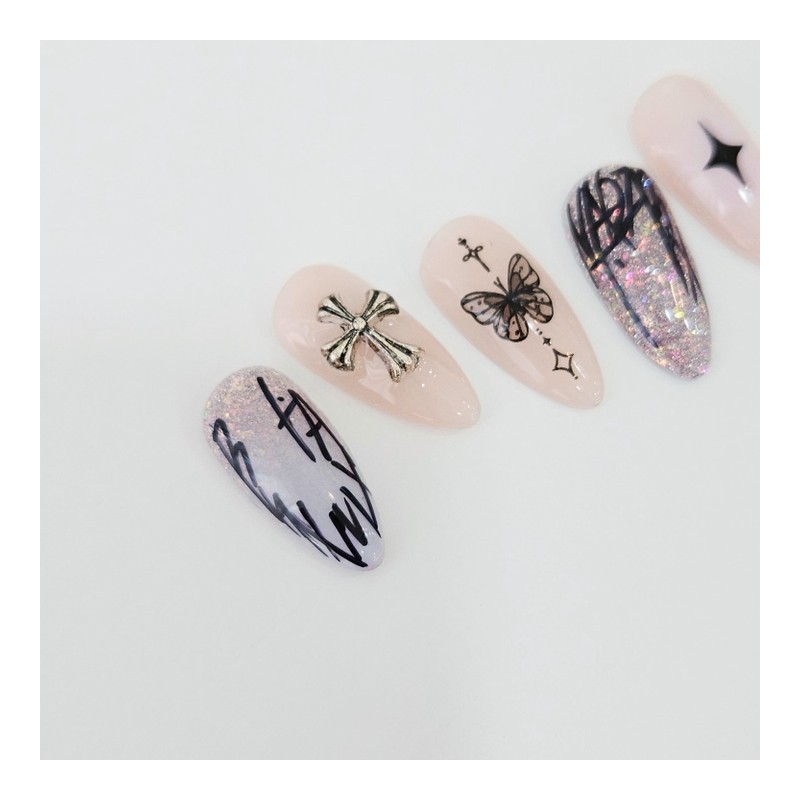 Drawing Cross Handmade Nail Tips Unique Design - Coffin Long