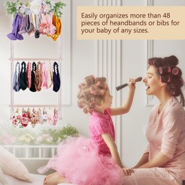 cherrboll Headband Holder for Girls, Hair Bows Organizer with 24 Hooks, Wall Hanging Hair Accessories Organization Storage Boho Decor for Nursery Room Door