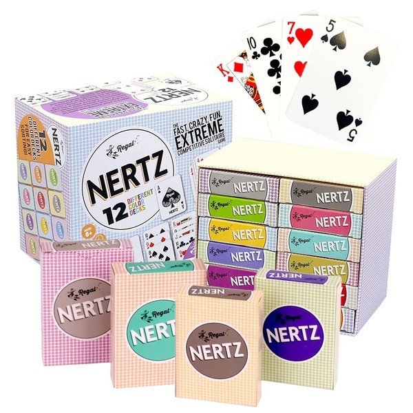Regal Games - Nertz Competitive Solitaire - Fast, Fun, Retro Style Card Game - 12 Multi-Colored Wide-Size Decks - Compatible with Poker, Blackjack, Rummy, Go Fish, Bridge, Spades, Hearts, Slap Jack