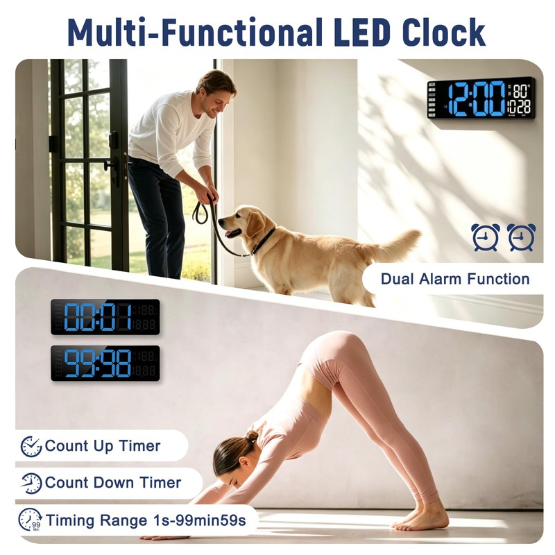 CherishMood 13" Large LED Digital Wall Clock, Remote Control, 10-Level
