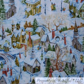 Holiday Time BonEful Fabric FQ Cotton Quilt White Winter Holiday Xmas Scenic City Town Church