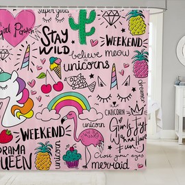 Manfei Rainbow Unicorn Kids Shower Curtains,Flamingo Cactus Strawberry Cherry Cartoon Bathroom Curtains for Girls Boys Adults,Watercolor Doodle Cute Waterproof Curtains,12 Hooks Suits,72" W x 72" L