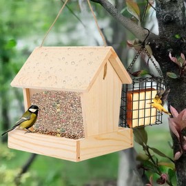 Wooden Bird Feeder with Suet Cages for Outdoors Hanging Mount Large Capacity, Red Cedar Garden Roof FeederCardinal Bluebird Birdfeeder for Garden Decoration Yard, Weatherproof Durable