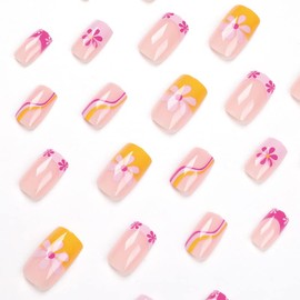 JUSTOTRY 24 Pcs Square Shape Press on Nails,Short Length with Rose Pink Yellow Swirl and Flowers French Designs Fake False Nails with Glue,Medium Nail Art for Women and Girl Stick on Nails