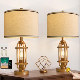 G-SAFAVA 23.75'' Table Lamps Set of 2 for Living Room Bedroom Industrial Farmhouse Metal Touch Lamps with USB A+C Ports, Night Light Vintage Nightstand Bedside Lamp, Bulbs Included, Antique Gold