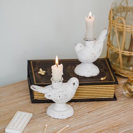 NIKKY HOME Taper Candle Holders, Distressed White Birds Decor, Vintage Rustic Candlesticks Pedestal, Centerpieces Decorations for Fireplace Mantle Dining Table Set of 2