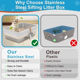 Stainless Steel Sifting Litter Box,Sifting Cat Litter Box for Wood Pine Pellets,Medium Sifter Litter Pan System for Little Kittens,Odor Control,Easy to Clean,with Litter Box Liners and Metal Scoop