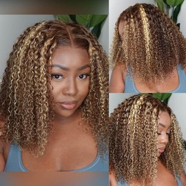 Highlight Bob Wig Human Hair 4x4 Lace Closure Wig Ombre Honey Blonde Short Curly Bob Wig Human Hair Curly Wave Hd Lace Front Wig For Black Women 180% Density Pre Plucked With Baby Hair 14inch