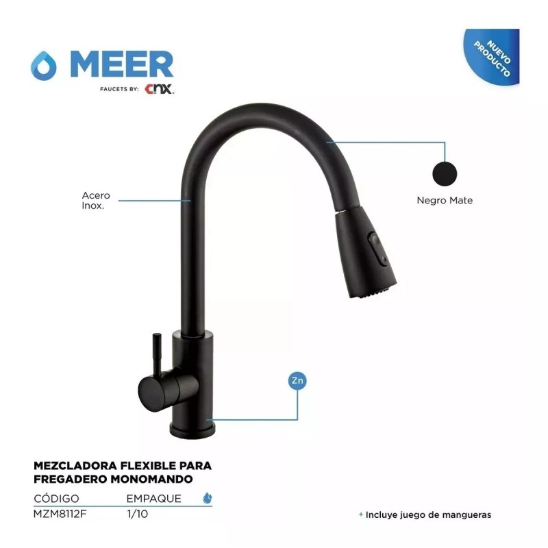 Meer Mezcladora Monomando Grifo Cocina Flexible Meer Negro Mate