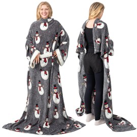 PAVILIA Fleece Blanket with Sleeves for Women Men Adults, Wearable Blanket Warm Soft Plush, Snuggle Pocket Sleeved TV Throw Wrap, Cozy White Elephant Gifts Ideas Mom Wife, Snowman Gray