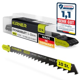 KIRNER Jigsaw Blades Wood Pack of 10 [Up to 5x More Cuts] Extremely Fast & Coarse Curve Cut (5-50 mm) in Wood and Plastic - for All T-Shank Jigsaws - Jigsaw Blade Curve Cut