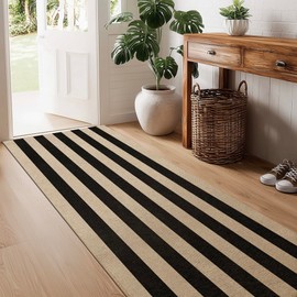 Washable Striped Easy Jute Runner Rug, 2x6 Black Boho Geometric Outdoor Indoor Patio Rug, Low Pile Lightweight Non Slip Neutral Long Runner Carpet Mat for Hallway Kitchen 6ft Entryway Porch Farmhouse