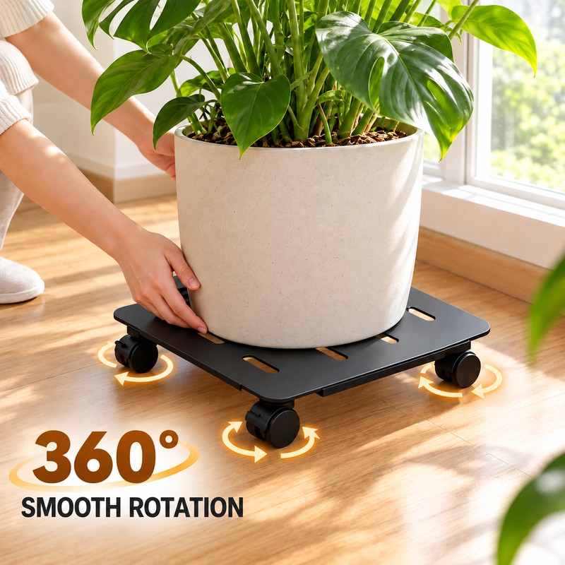 Rolling Metal Plant Caddy with 360° Swivel Wheels for Indoor