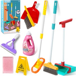 Kakurookie 9PCS Toddler Kids Cleaning Toy Set, Kids Mop Broom & Dustpan Set, Pretend Play Children House Cleaning Toys for Girl Boy 3-12 Year Old Clean Toy (Cleaning Kit)