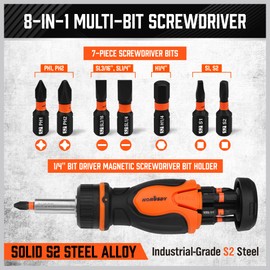 Multi 8-in-1 Magnetic Adjustable Screwdriver: Mini Hand Screwdrivers Set with 7 S2-Steel Bits，Multi Screwdriver All in One with 6 Bits Housed in The Handle