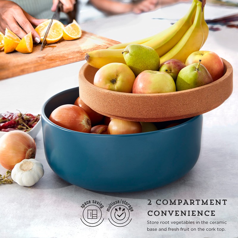 Ceramic and Cork Large Breathable Produce Bowl with Lid to