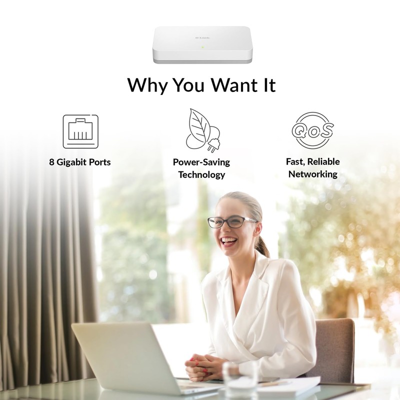 D-Link DGS-1008A 8-Port Gigabit Ethernet Switch, Compact Desktop Housing, Energy-Efficient,